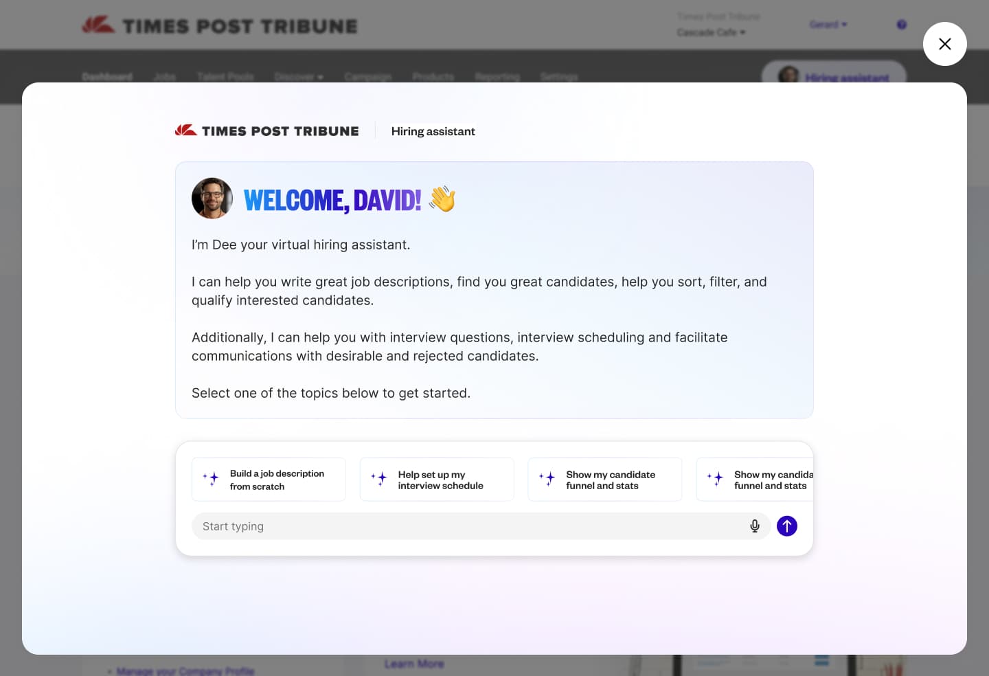 Hiring assistant welcome chat