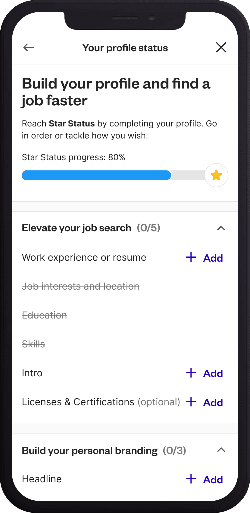 Profile status screen