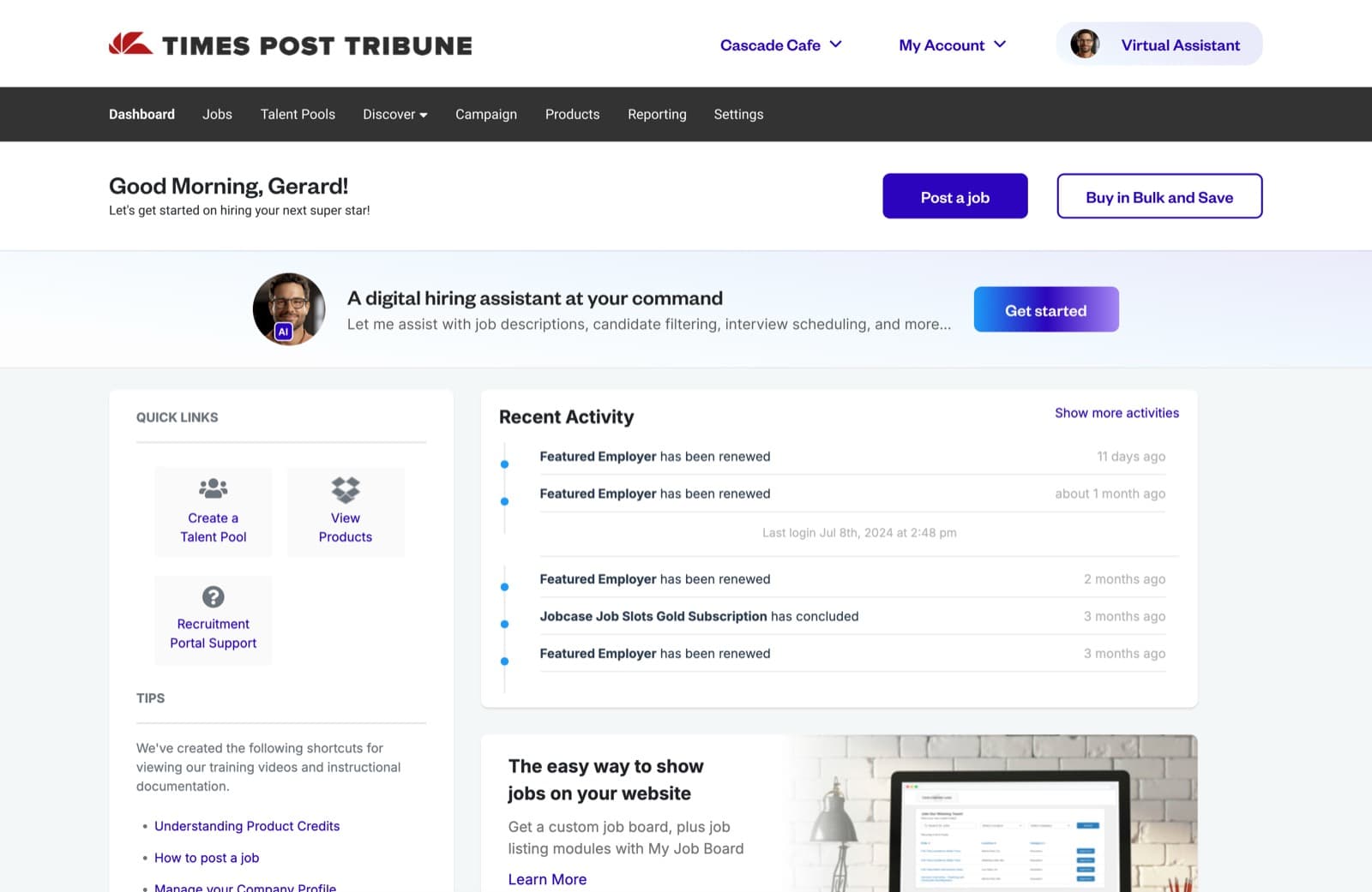 Employer dashboard with a Virtual Assistant button in the header and a hiring assistant banner
