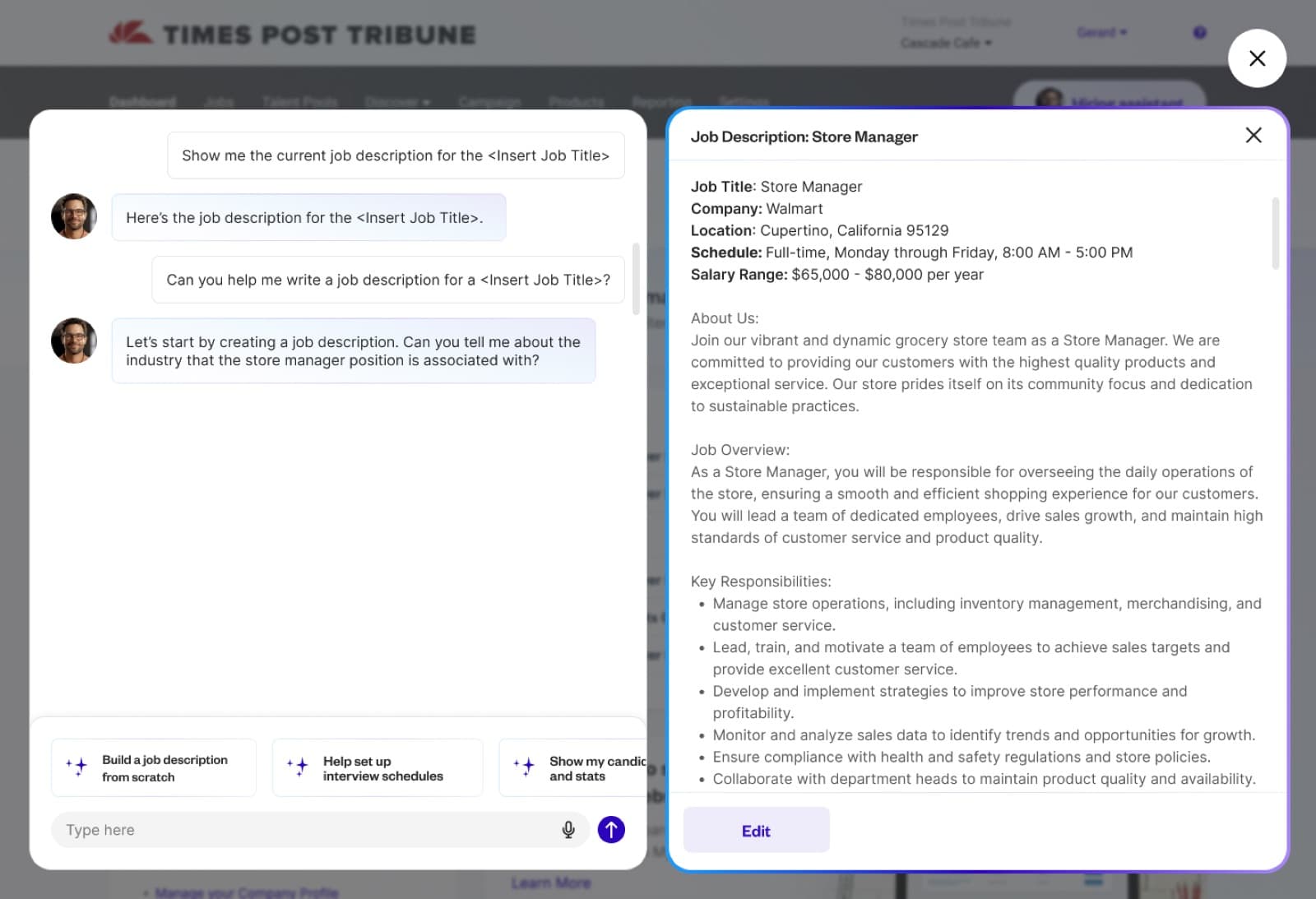 Text chat with Dee beside the job description it drafted