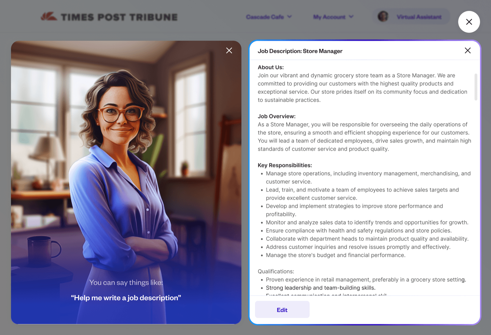 Voice-first concept: a voice panel suggesting what to say beside the job description