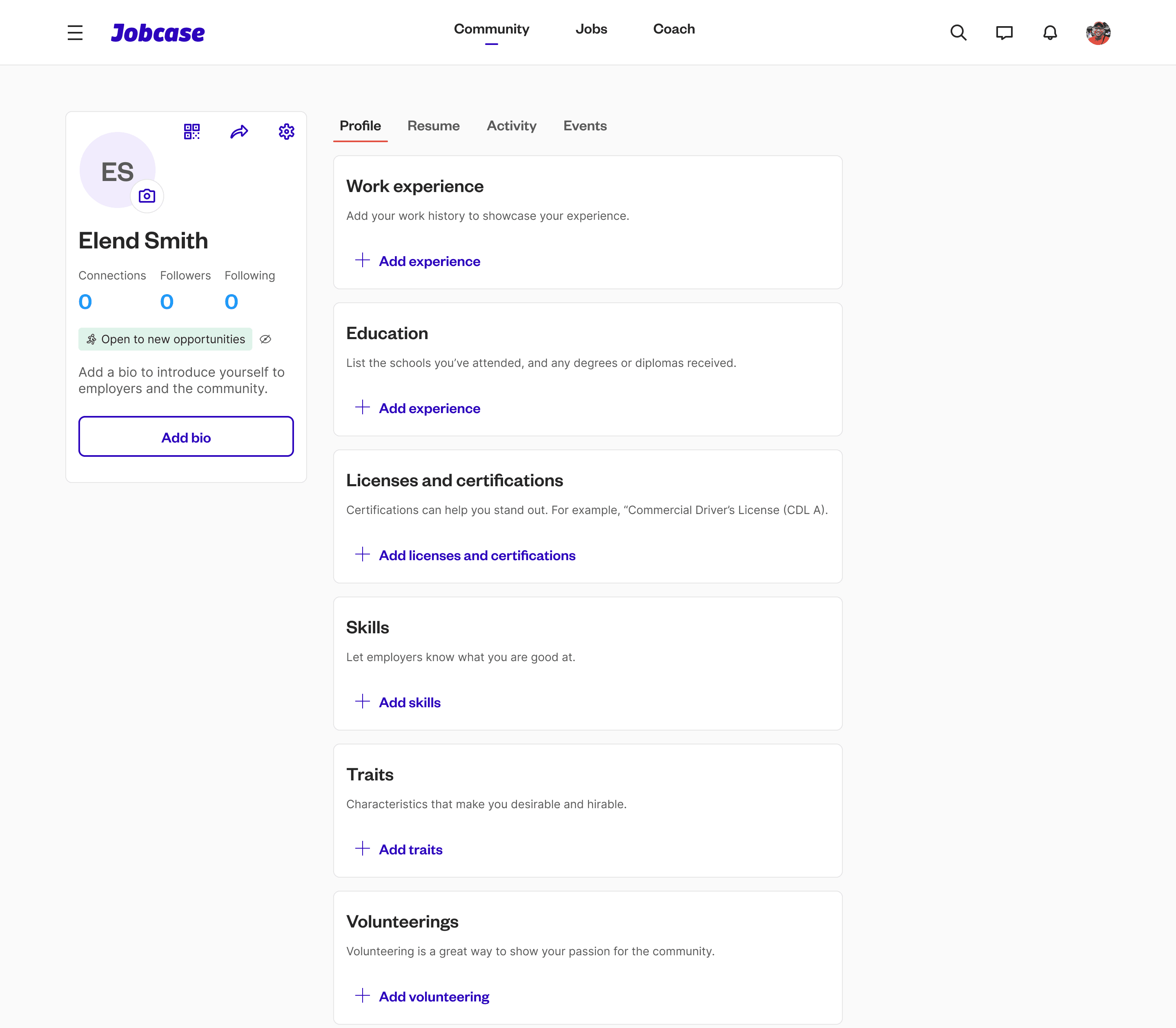 The empty Jobcase profile on desktop