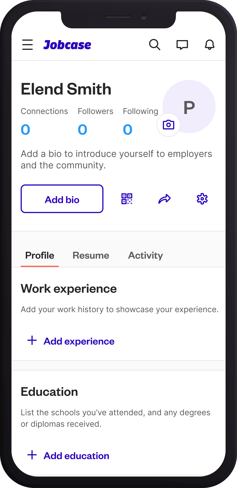 The empty Jobcase profile on mobile